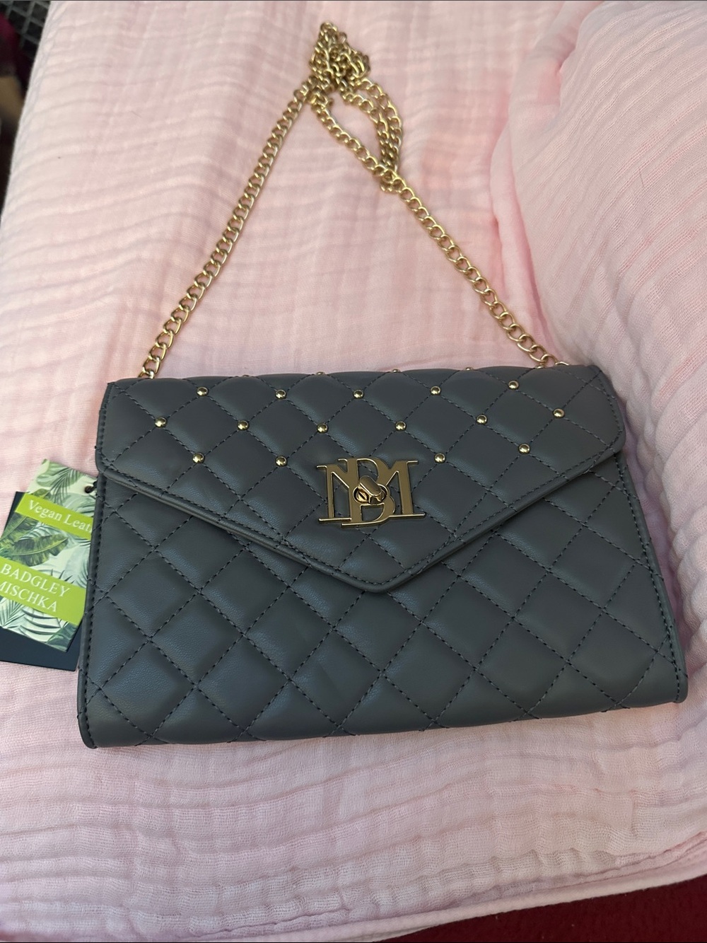 Badgley Mischka Quilted Gray Crossbody with Gold Chain NWT $129